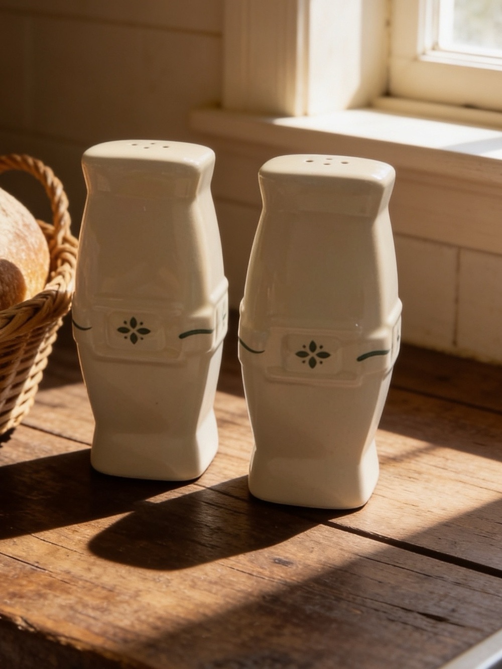 Vintage Longaberger Pottery Salt & Pepper Shakers Ivory & Green